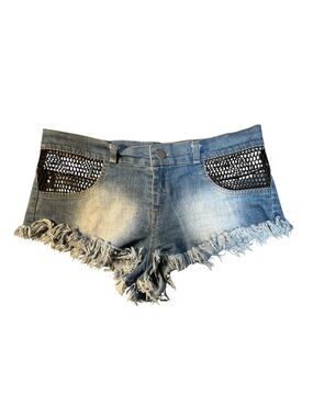Be Wicked Blue Denim Fishnet Frayed Hem Booty Shorts Medium Wash Size L
